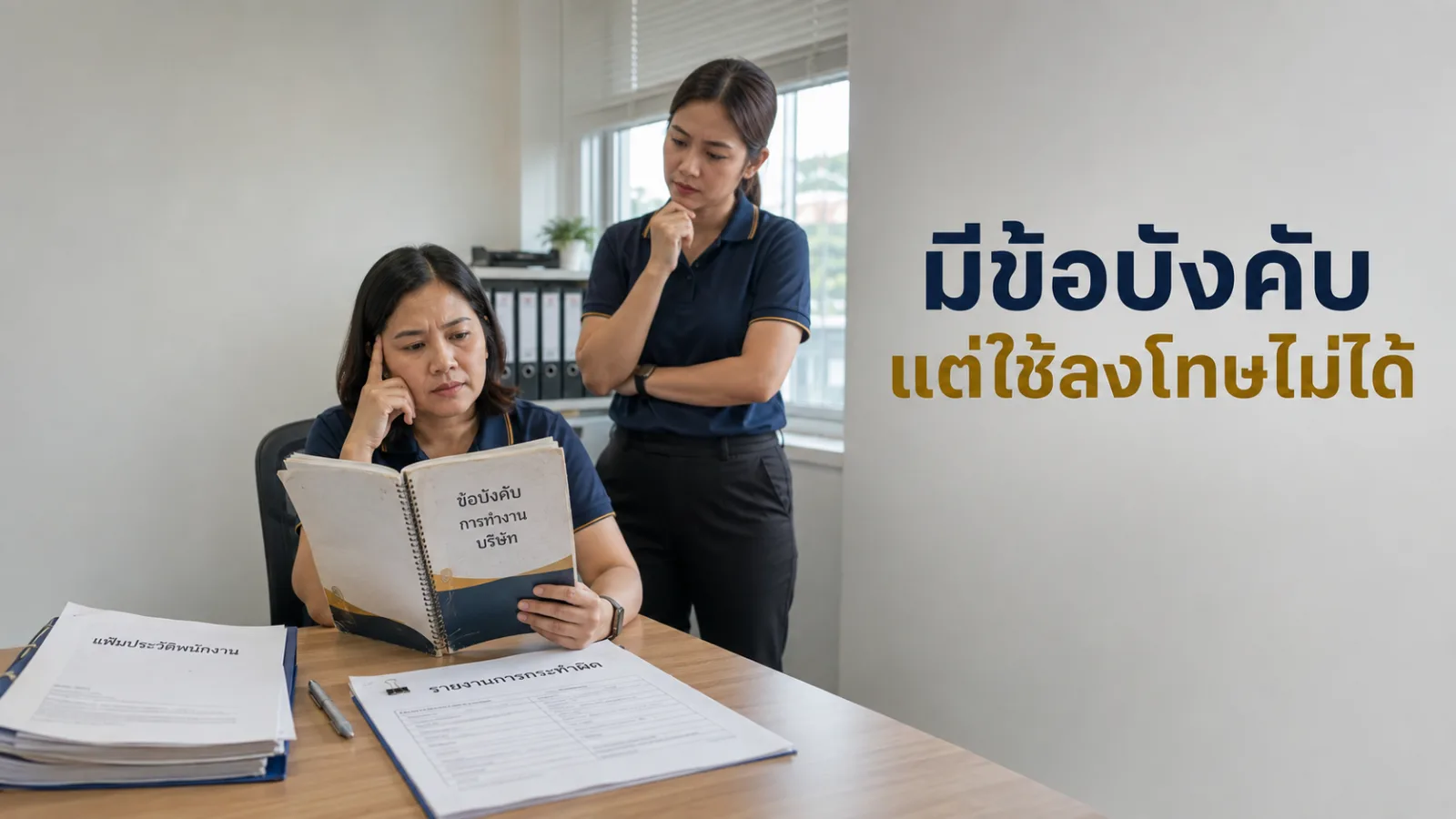 ฝ่ายบุคคลเปิดเล่มข้อบังคับเกี่ยวกับการทำงานเทียบกับแฟ้มเคสพนักงานก่อนตัดสินใจลงโทษ