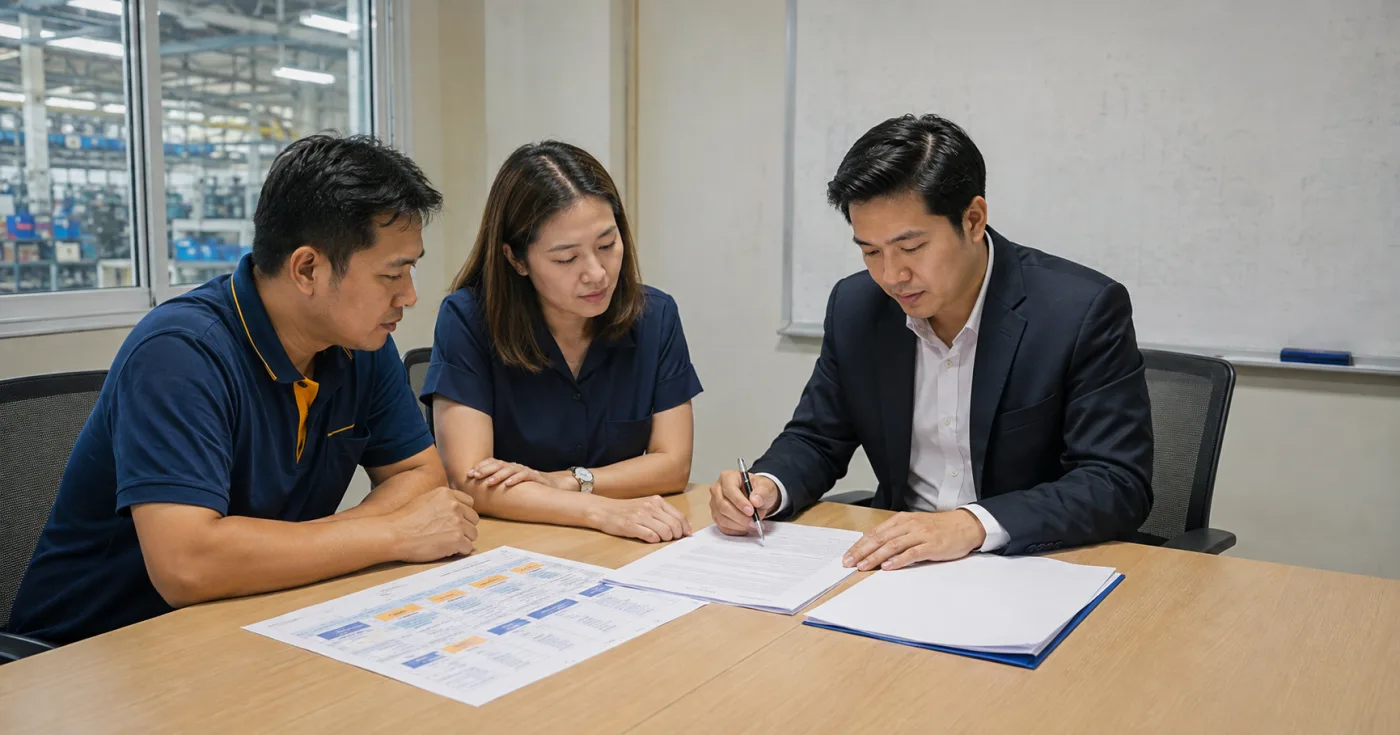 ทนายความไล่ตรวจข้อสัญญาจ้างพนักงานโรงงานทีละข้อร่วมกับฝ่ายบุคคลและผู้จัดการฝ่ายผลิต