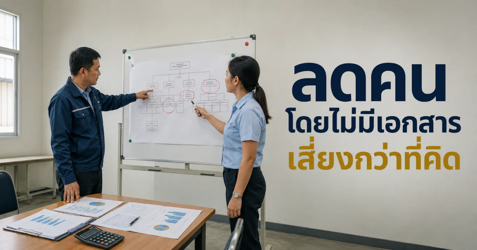 ผู้จัดการโรงงานและฝ่ายบุคคลทบทวนผังองค์กรและตำแหน่งที่ได้รับผลกระทบก่อนปรับโครงสร้างลดคน