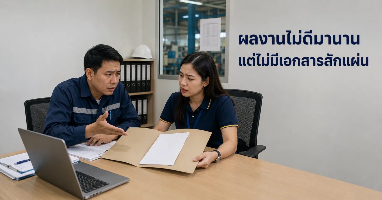 หัวหน้างานและฝ่ายบุคคลเปิดแฟ้มประเมินผลงานที่มีเอกสารไม่กี่แผ่นก่อนพิจารณาเลิกจ้างเพราะผลงาน