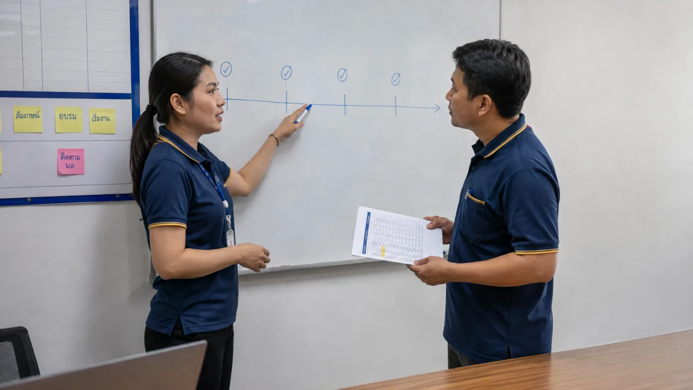 ฝ่ายบุคคลอธิบายจุดติดตามระหว่างทางของแผนปรับปรุงผลงานให้หัวหน้างานเข้าใจตรงกัน