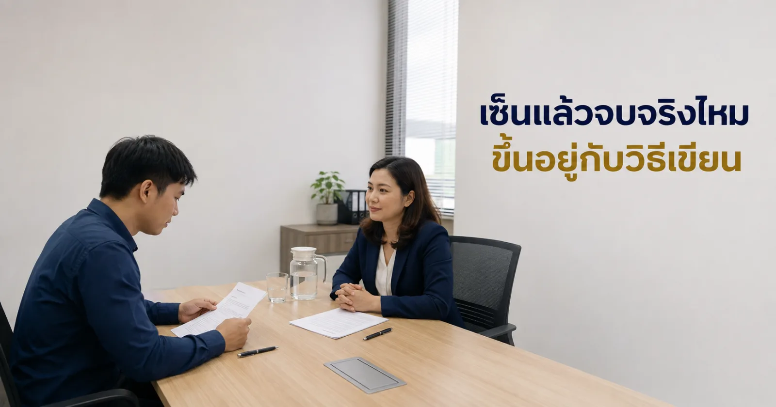 ฝ่ายบุคคลและพนักงานนั่งเจรจาข้อตกลงยุติสัญญาจ้างโดยแต่ละฝ่ายมีเอกสารของตนเอง