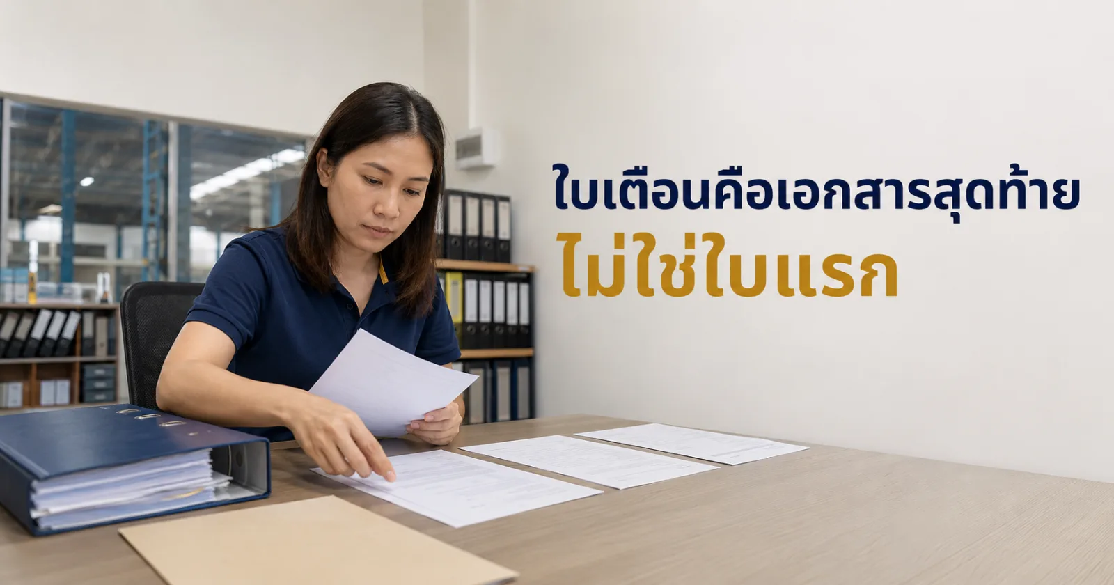 ฝ่ายบุคคลจัดเรียงเอกสารก่อนออกใบเตือนจากแฟ้มประวัติพนักงานก่อนเริ่มเขียนเอกสาร