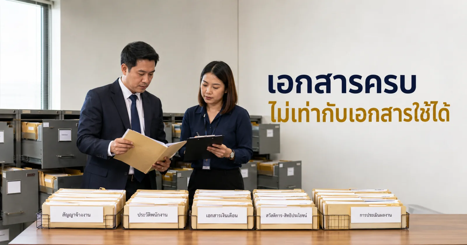ทนายความและฝ่ายบุคคลตรวจระบบเอกสารแรงงานทั้งชุดในห้องเก็บเอกสารของบริษัท