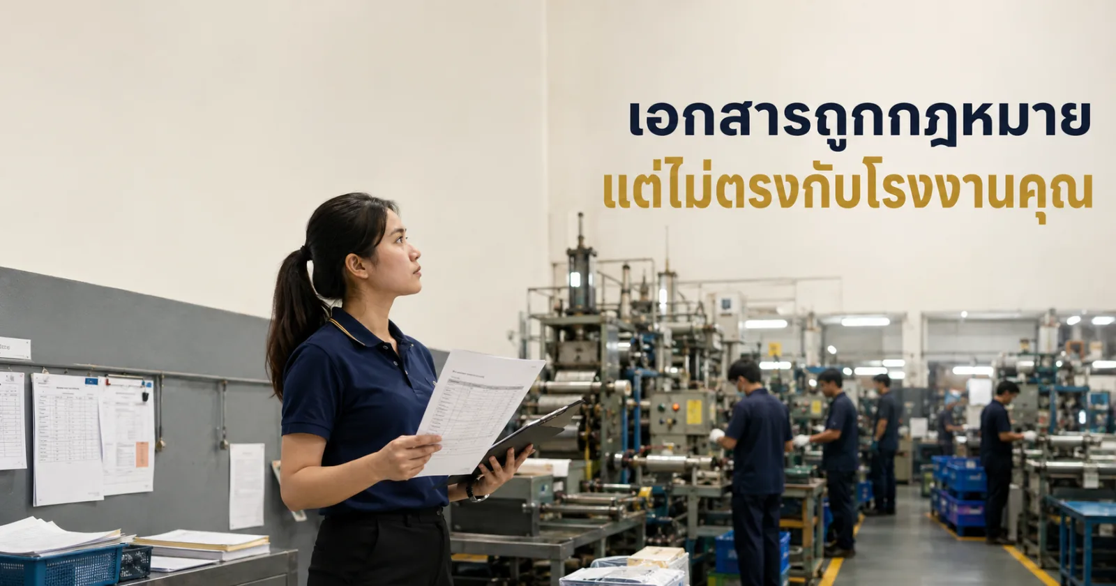 ฝ่ายบุคคลถือข้อบังคับสำเร็จรูปเทียบกับไลน์ผลิตจริงของโรงงาน