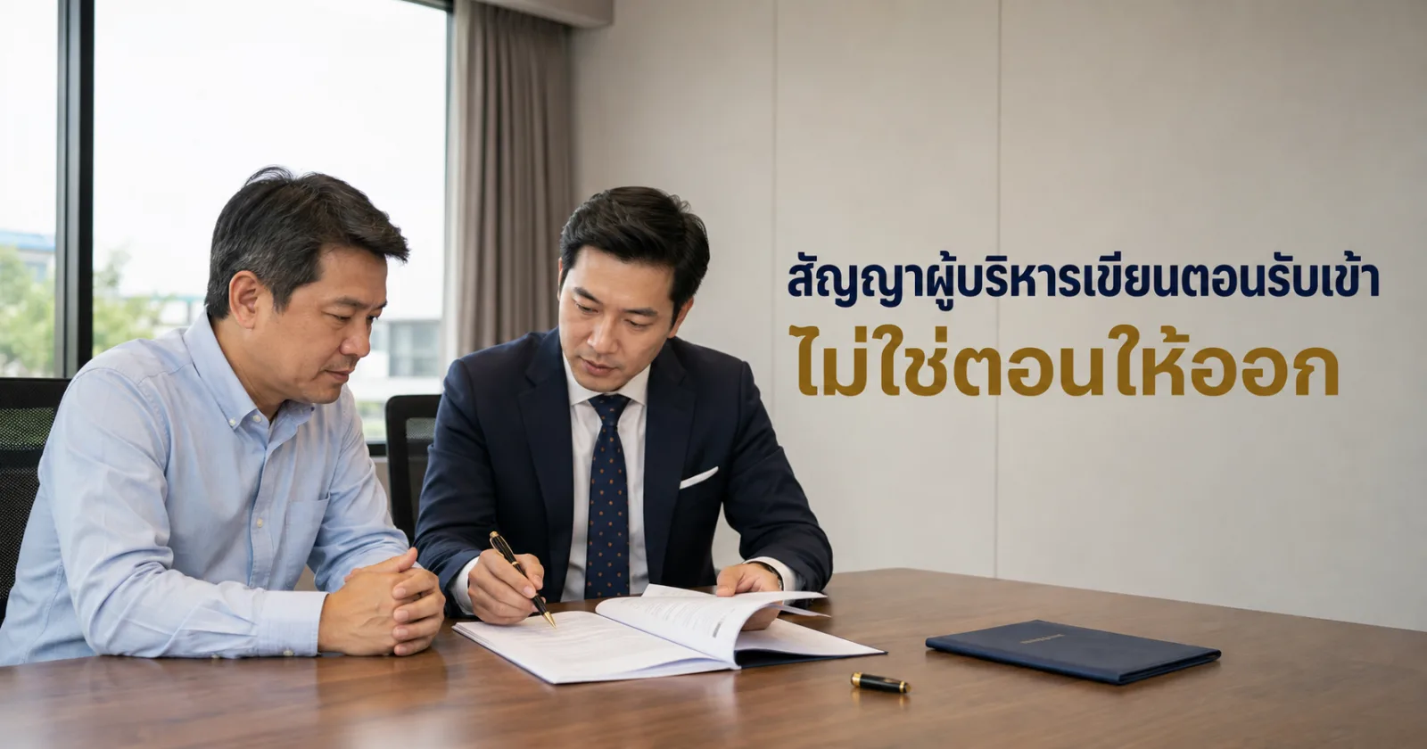 เจ้าของกิจการและทนายความตรวจร่างสัญญาจ้างผู้บริหารทีละข้อก่อนลงนาม