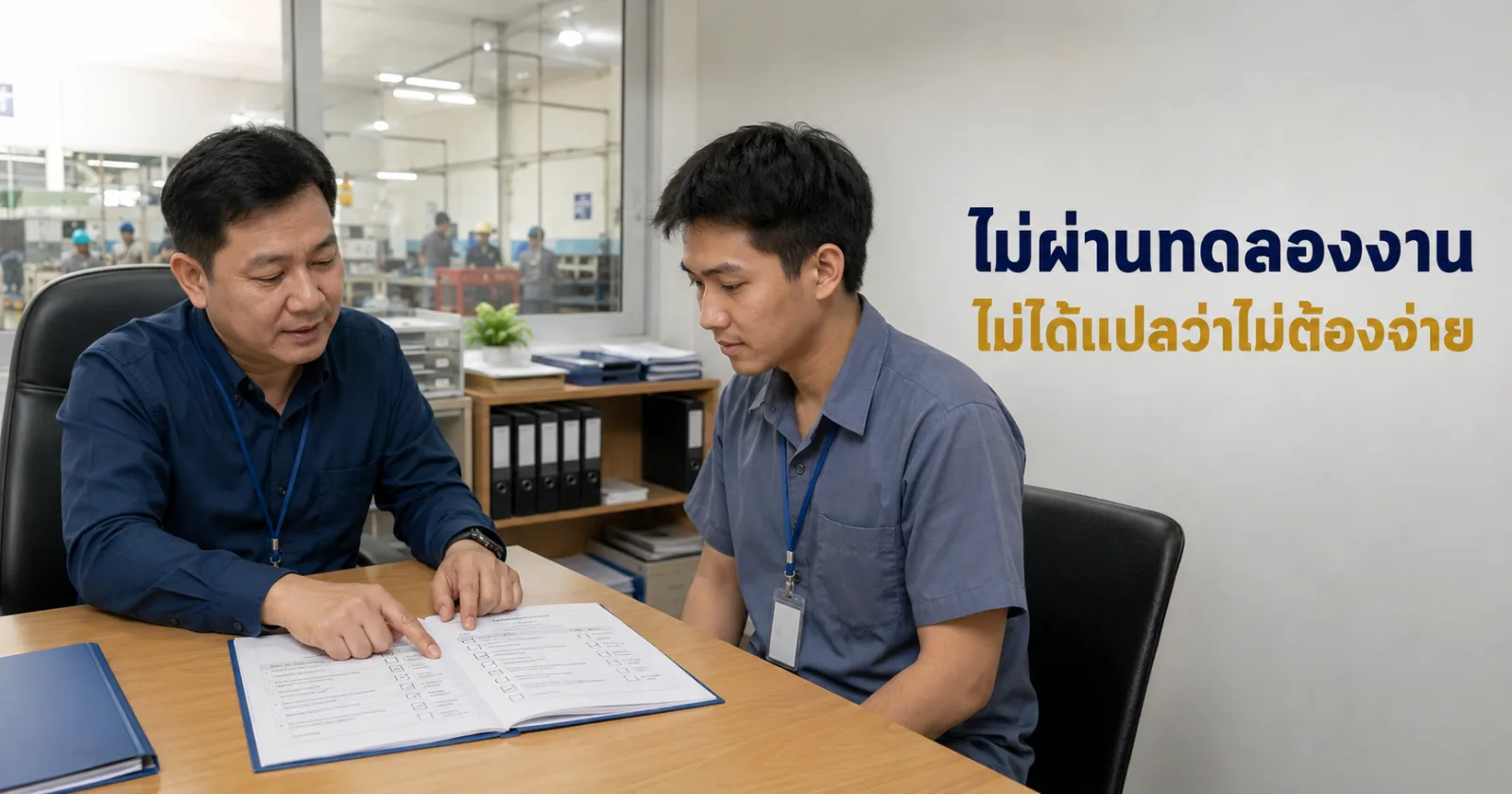 หัวหน้างานทบทวนแบบประเมินตามสัญญาทดลองงานร่วมกับพนักงานใหม่ในสำนักงานโรงงาน