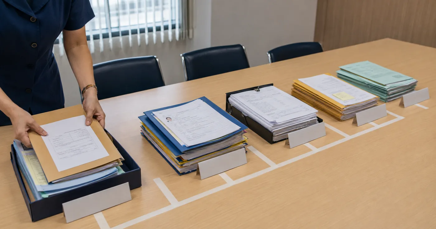 ภาพรวมเอกสารแรงงานที่นายจ้างต้องมีทั้งห้ากลุ่มเรียงบนโต๊ะ