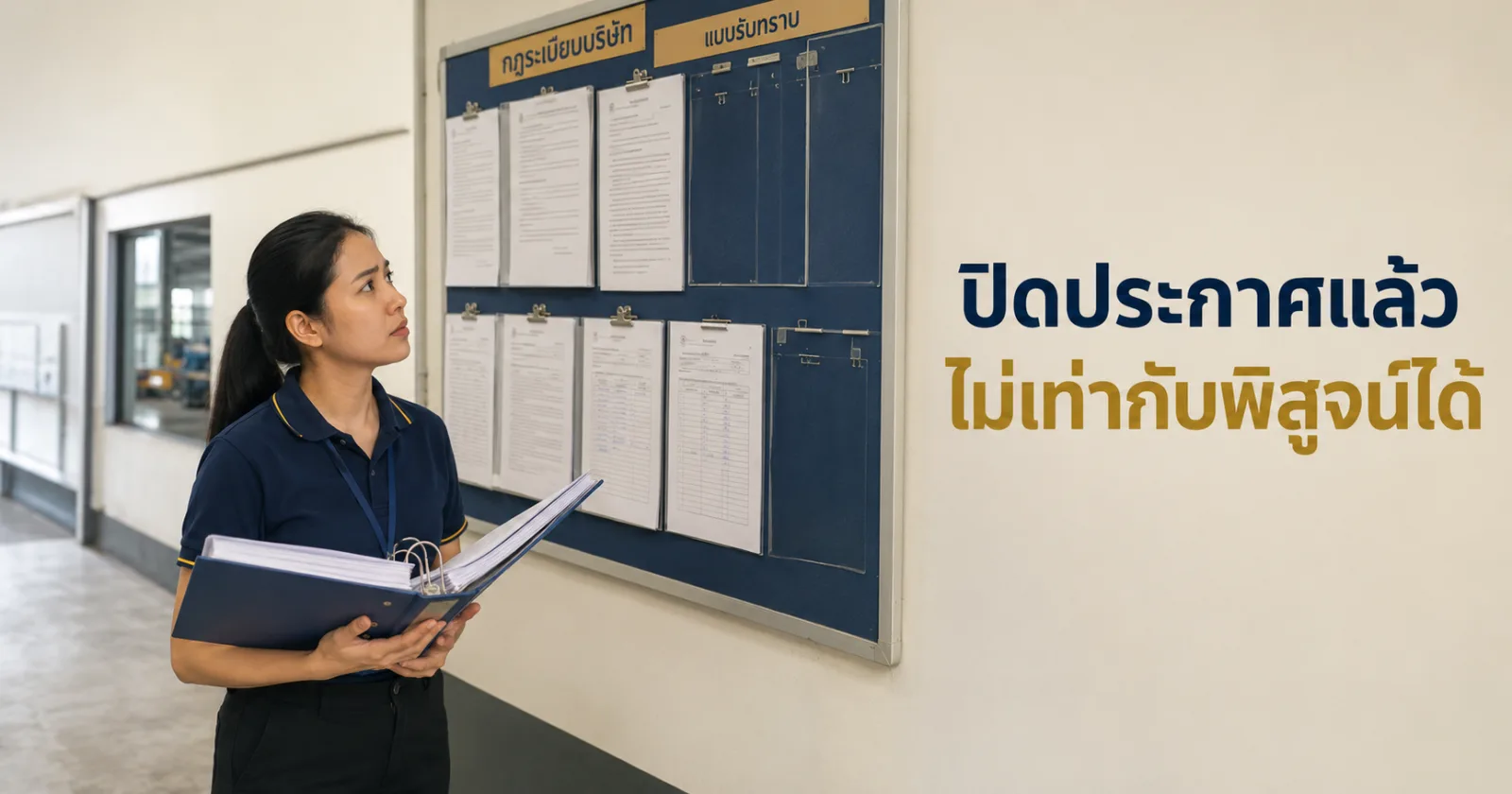 ฝ่ายบุคคลตรวจแฟ้มหลักฐานการรับทราบข้อบังคับข้างบอร์ดประกาศของโรงงาน