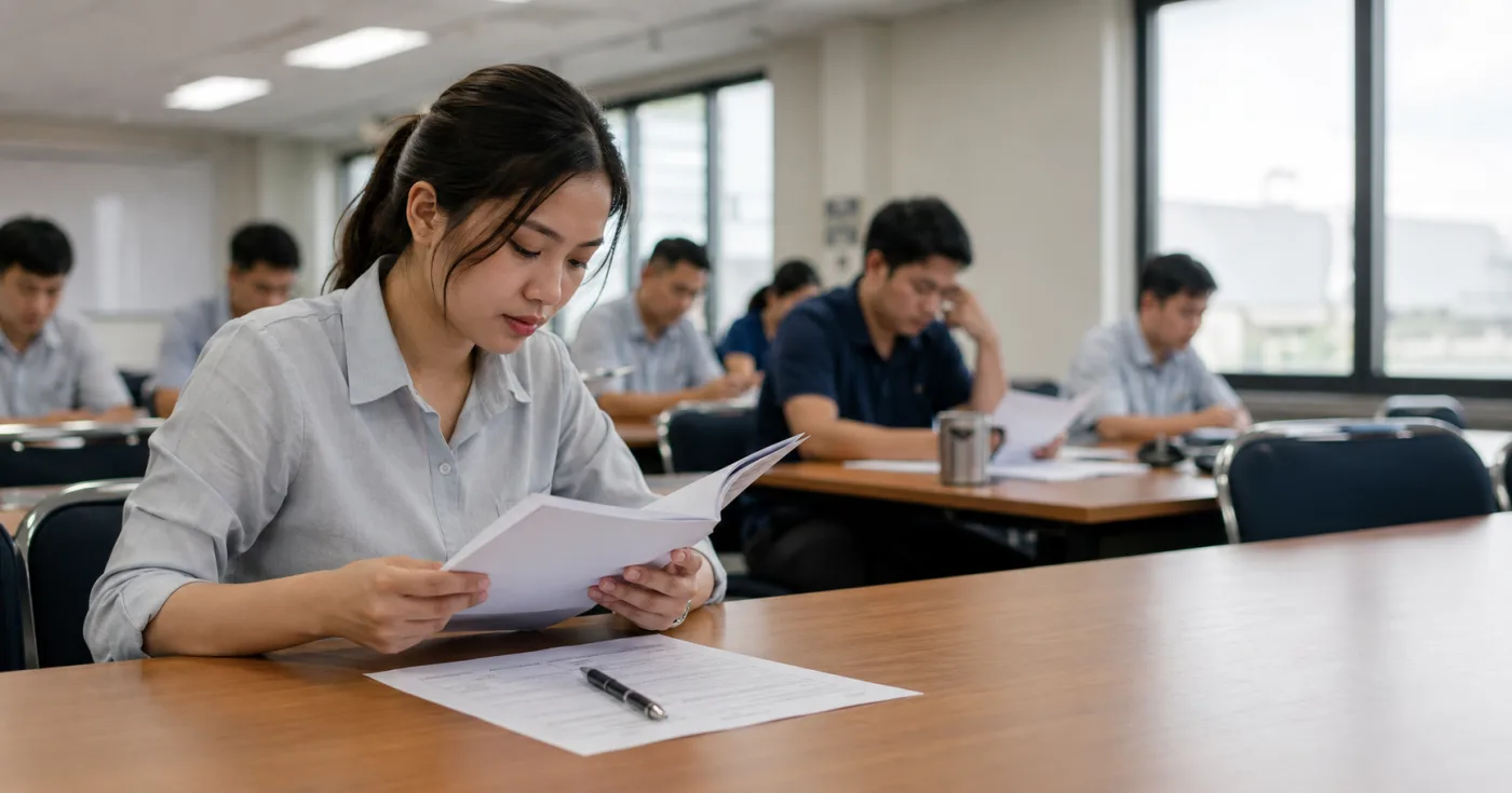พนักงานใหม่อ่าน Employee Handbook ระหว่างปฐมนิเทศพร้อมใบรับทราบข้อบังคับ
