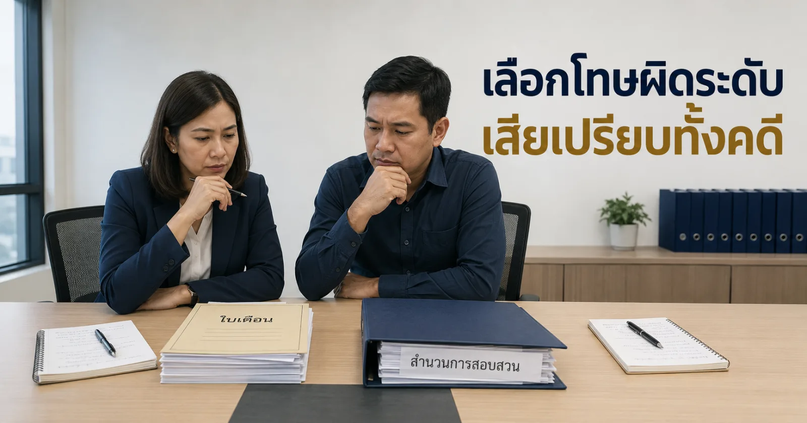 ฝ่ายบุคคลและผู้จัดการพิจารณาว่าจะตักเตือนหรือเลิกจ้าง โดยเทียบใบเตือนกับแฟ้มสอบสวน