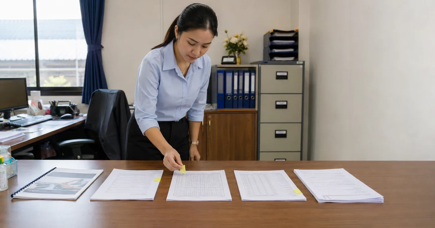 ผู้จัดการฝ่ายผลิตและฝ่ายบุคคลทบทวนตารางกะเดิมกับตารางใหม่ก่อนเปลี่ยนระบบกะของโรงงาน