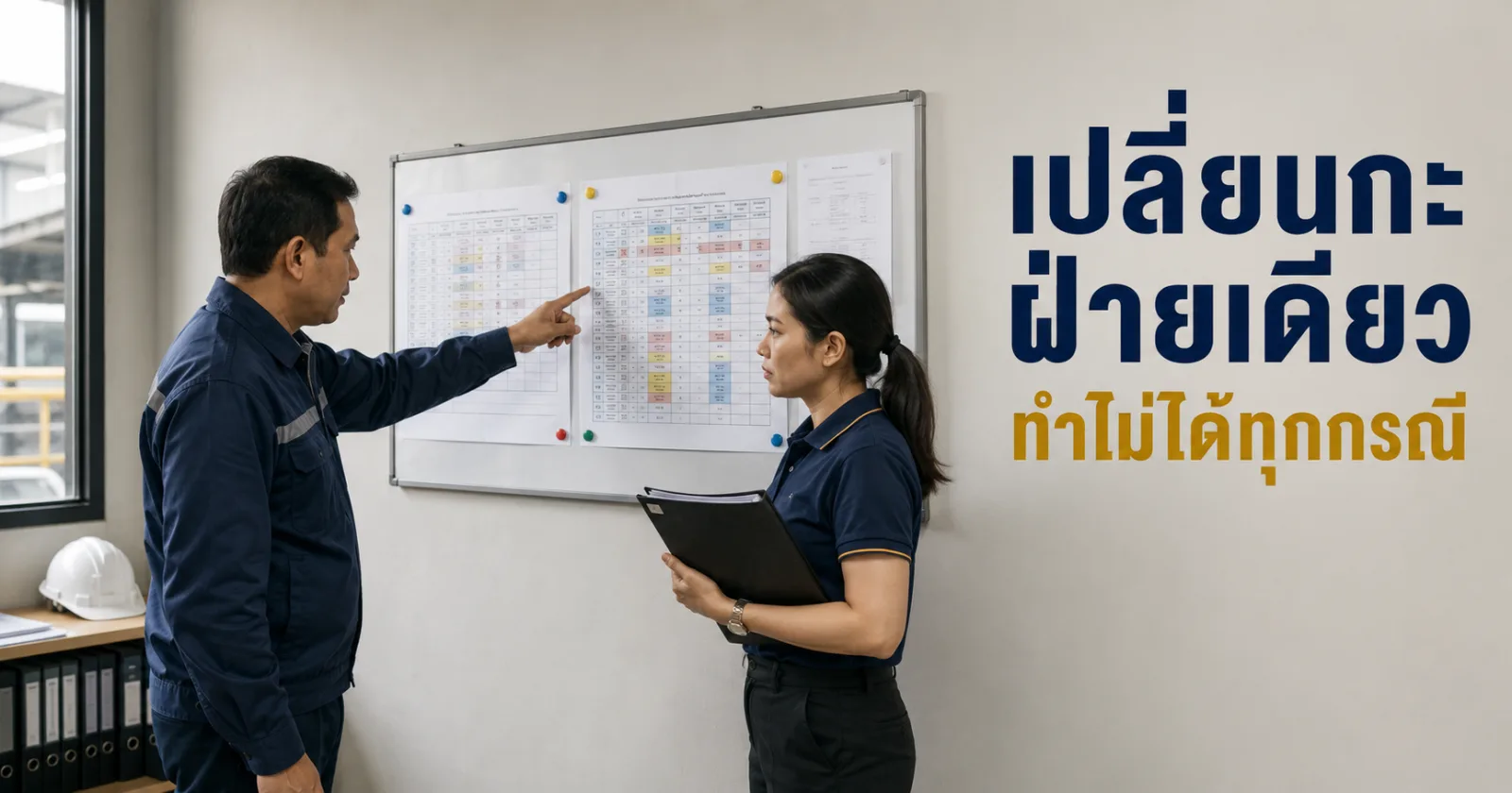 ผู้จัดการฝ่ายผลิตและฝ่ายบุคคลทบทวนตารางกะเดิมกับตารางใหม่ก่อนเปลี่ยนระบบกะของโรงงาน