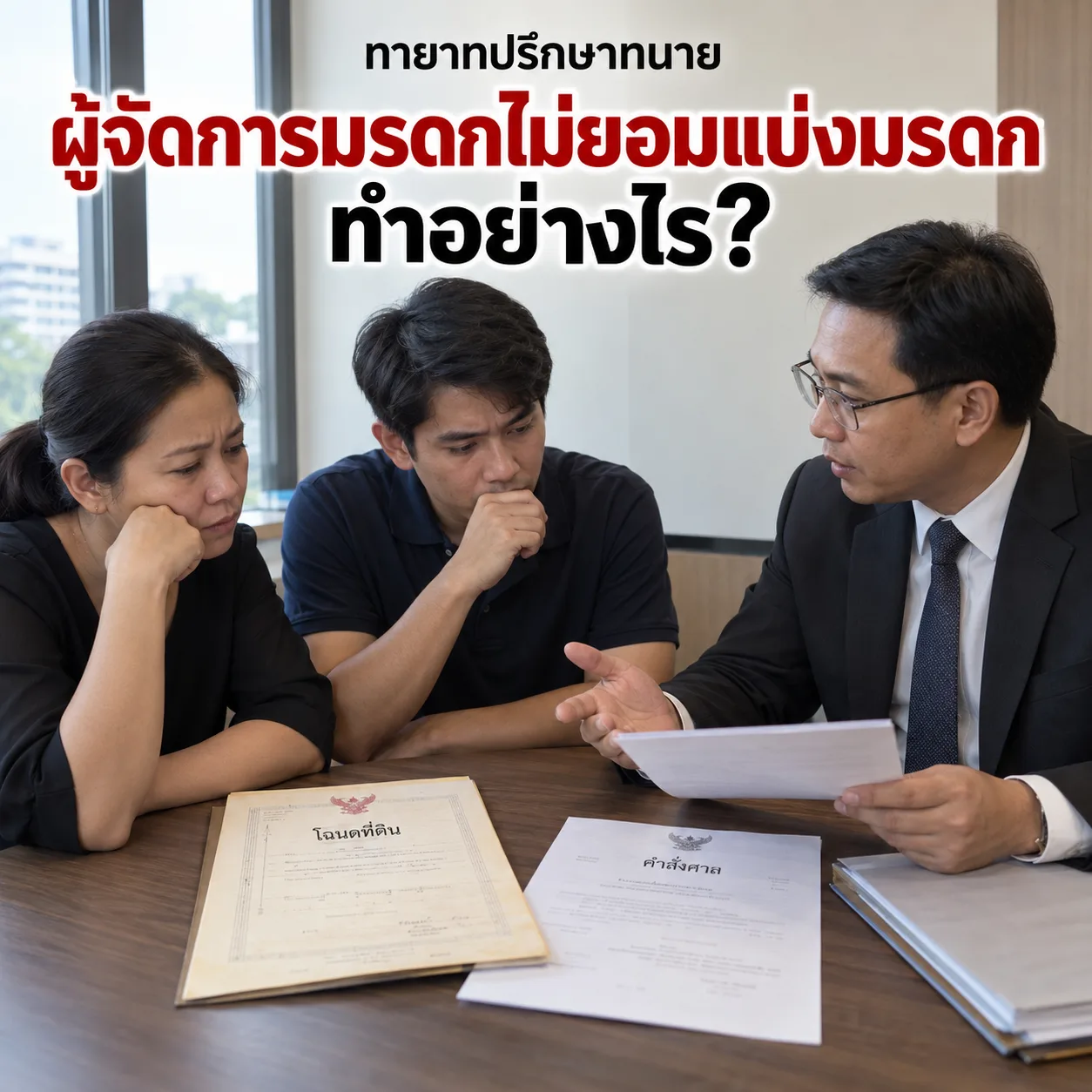 ทายาทปรึกษาทนายกรณีผู้จัดการมรดกไม่ยอมแบ่งมรดก บนโต๊ะมีโฉนดที่ดินและเอกสารคำสั่งศาล