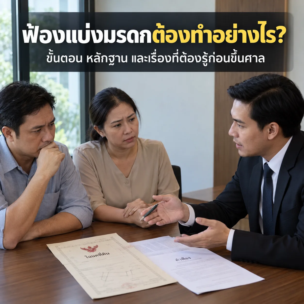 ทนายอธิบายขั้นตอนฟ้องแบ่งมรดกให้ทายาทฟัง พร้อมสำนวนคำฟ้องที่หน้าศาล