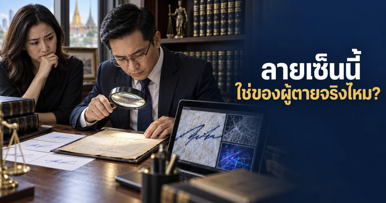 ทนายตรวจลายเซ็นและร่องรอยเอกสารพินัยกรรมที่สงสัยว่าปลอม
