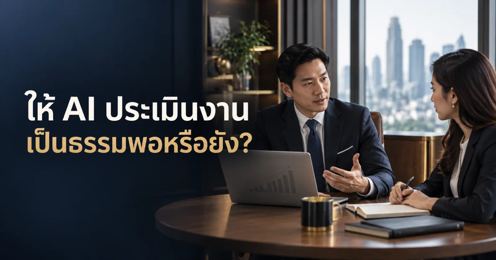 หัวหน้างานและพนักงานร่วมทบทวนข้อมูลวิเคราะห์ผลงานจากระบบ AI พร้อมข้อความ ให้ AI ประเมินงาน เป็นธรรมพอหรือยัง?
