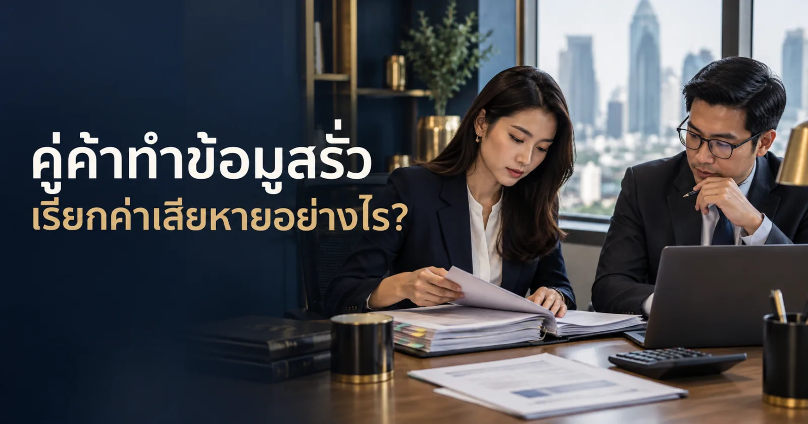 ทนายกับฝ่ายการเงินรวบรวมหลักฐานความเสียหายจากเหตุข้อมูลรั่วของคู่ค้า พร้อมข้อความ คู่ค้าทำข้อมูลรั่ว เรียกค่าเสียหายอย่างไร?