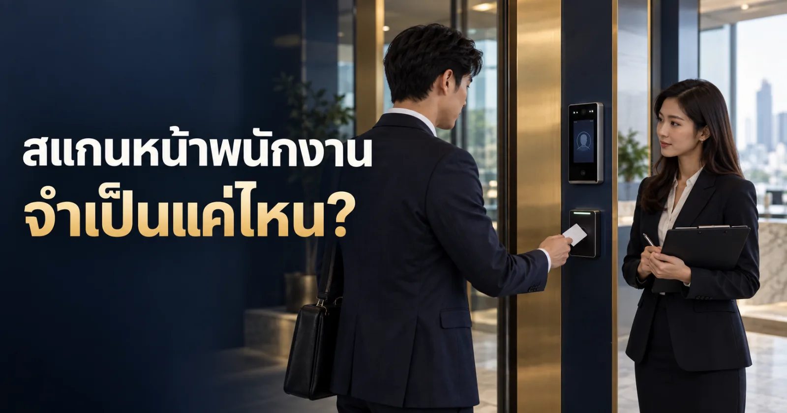 ผู้ดูแลระบบตรวจจุดเข้าออกสำนักงานที่มีเครื่องอ่านบัตรและอุปกรณ์ไบโอเมตริกซ์ พร้อมข้อความ สแกนหน้าพนักงาน จำเป็นแค่ไหน?