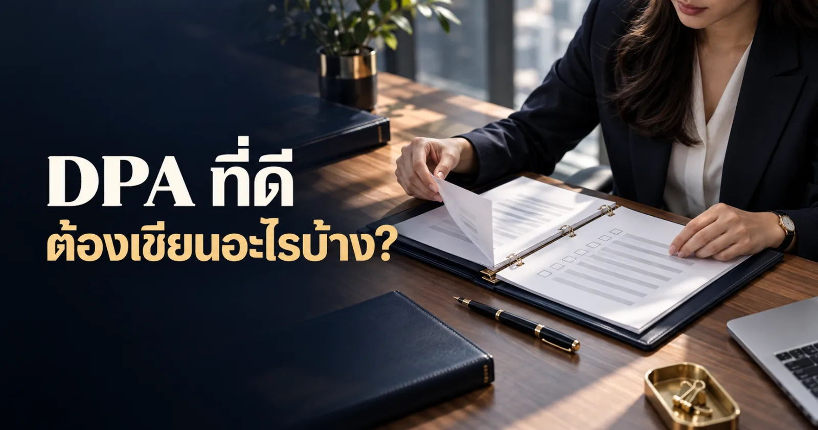 เอกสารร่าง DPA พร้อมรายการตรวจเงื่อนไขและแฟ้มสัญญาบนโต๊ะทำงาน พร้อมข้อความ DPA ที่ดี ต้องเขียนอะไรบ้าง?