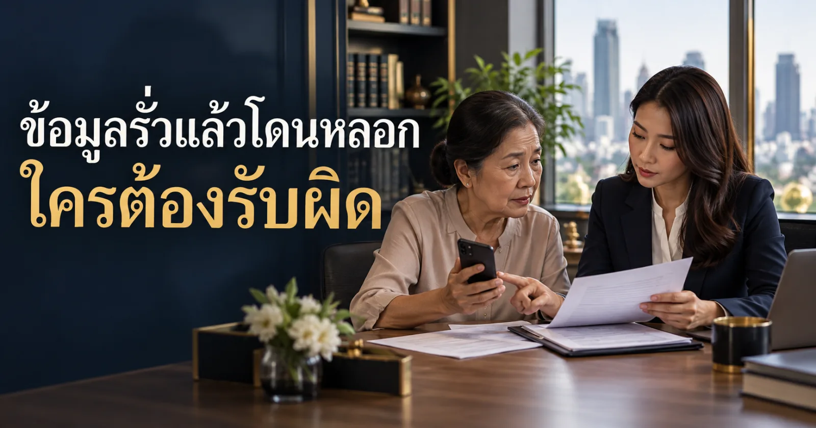 ผู้เสียหายตรวจหลักฐานการโอนเงินกับทนาย