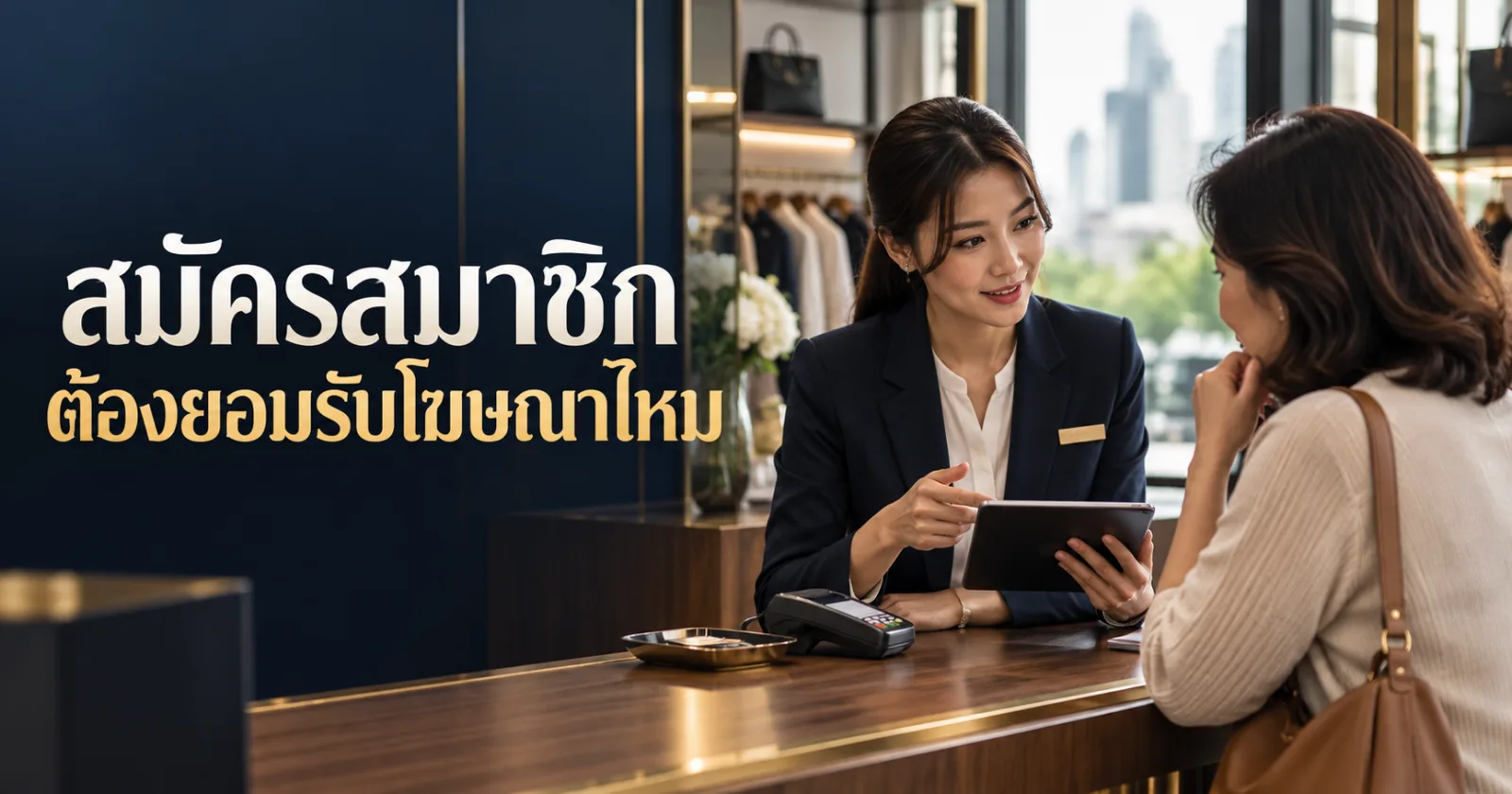 พนักงานร้านอธิบายการสมัครสมาชิกให้ลูกค้า