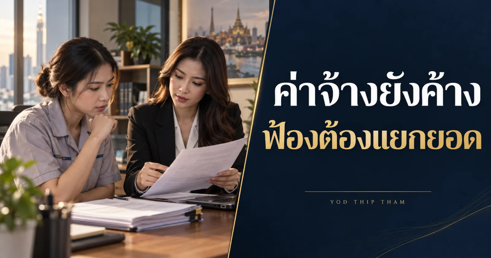 ลูกจ้างตรวจสลิปและยอดค้าง พร้อมข้อความ ค่าจ้างยังค้าง ฟ้องต้องแยกยอด