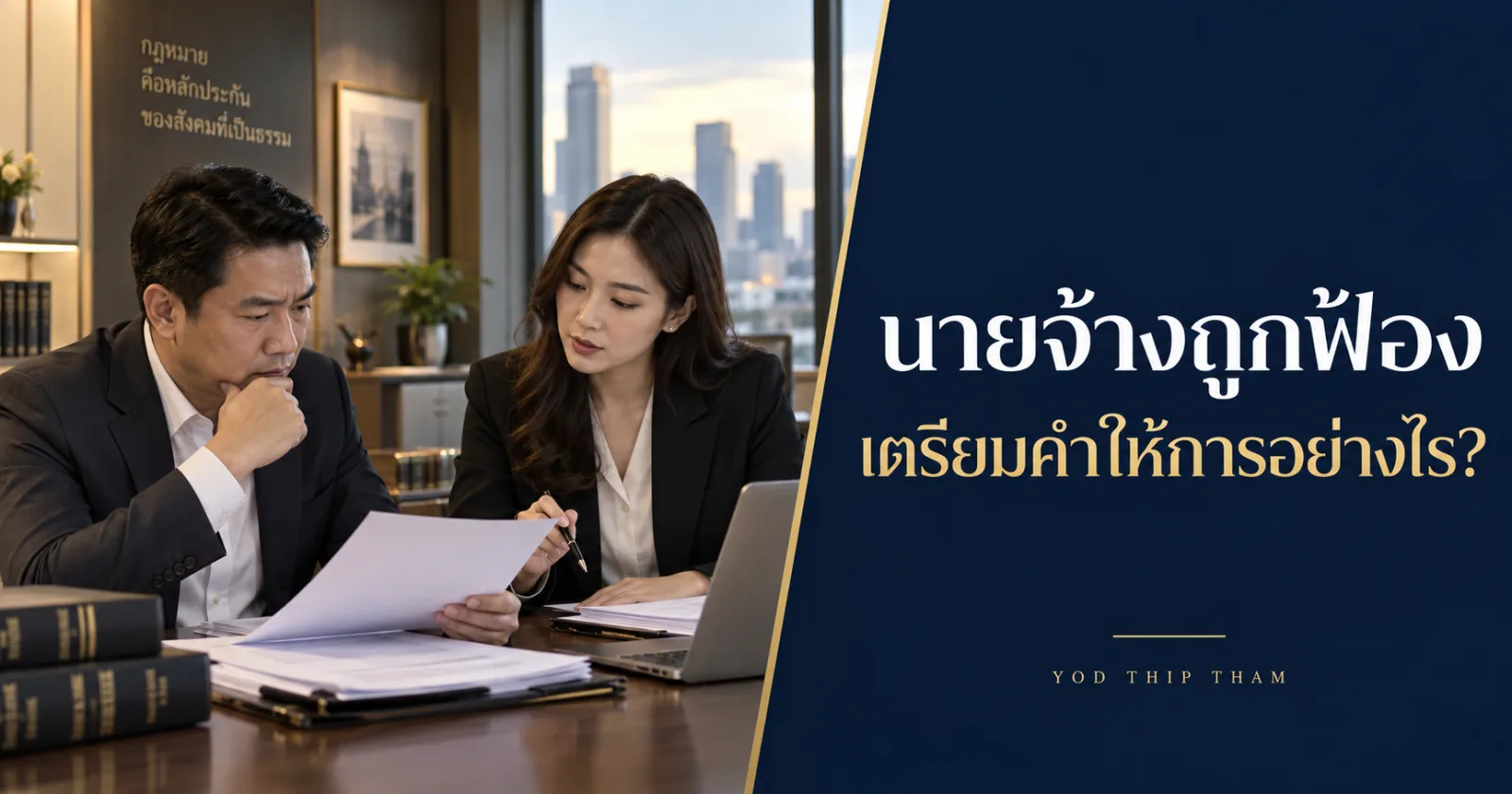 นายจ้างและทนายตรวจคำฟ้อง พร้อมข้อความ นายจ้างถูกฟ้อง เตรียมคำให้การอย่างไร