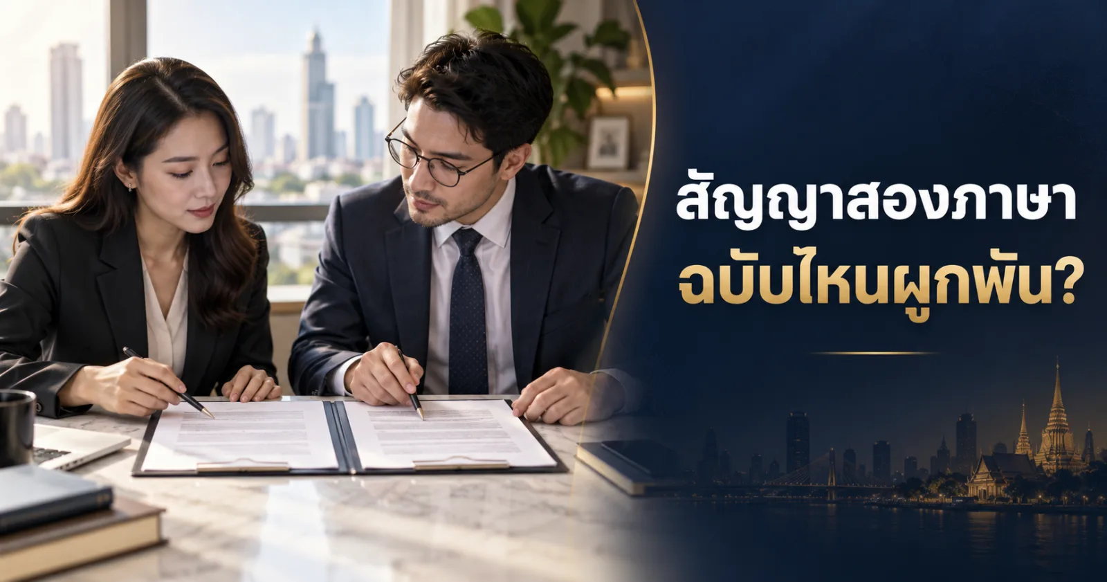 ผู้ตรวจสองคนเทียบสัญญาคู่ภาษา พร้อมข้อความ สัญญาสองภาษา ฉบับไหนผูกพัน