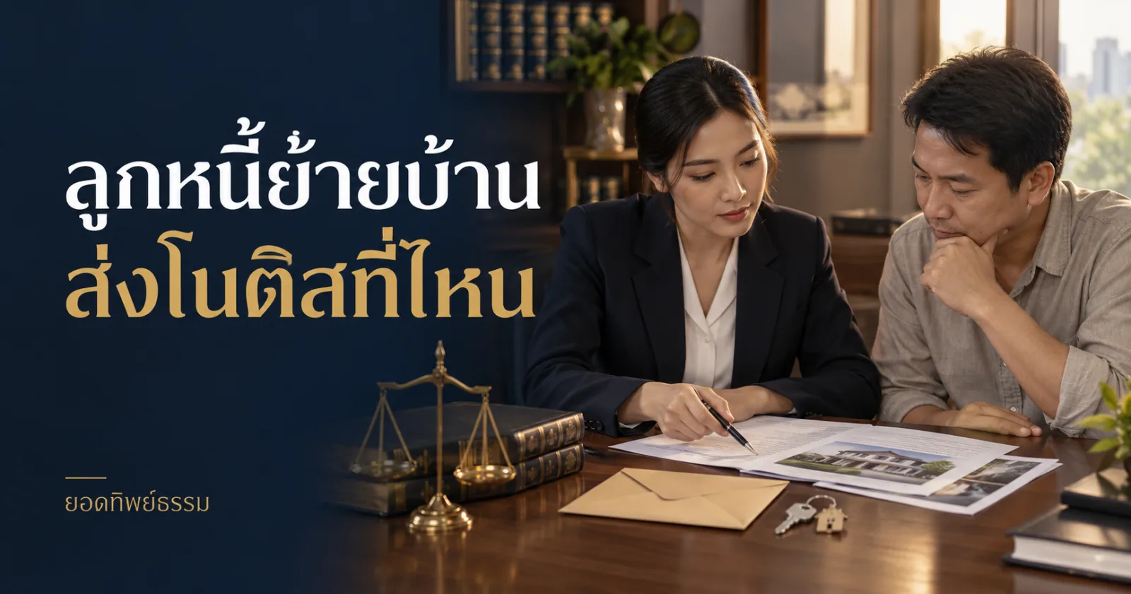 เจ้าของกิจการตรวจแฟ้มที่อยู่กับทนาย พร้อมข้อความ ลูกหนี้ย้ายบ้าน ส่งโนติสที่ไหน