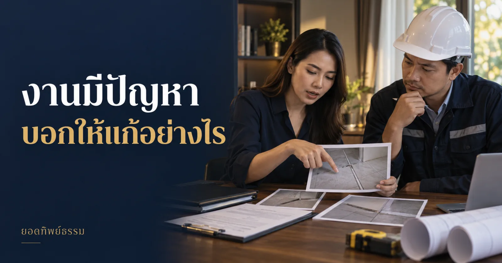 เจ้าของงานชี้ภาพกระเบื้องชำรุดให้ผู้รับเหมาดู พร้อมข้อความ งานมีปัญหา บอกให้แก้อย่างไร
