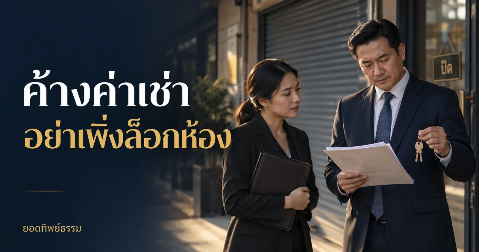 เจ้าของอาคารตรวจหนังสือกับทนายหน้าร้าน พร้อมข้อความ ค้างค่าเช่า อย่าเพิ่งล็อกห้อง
