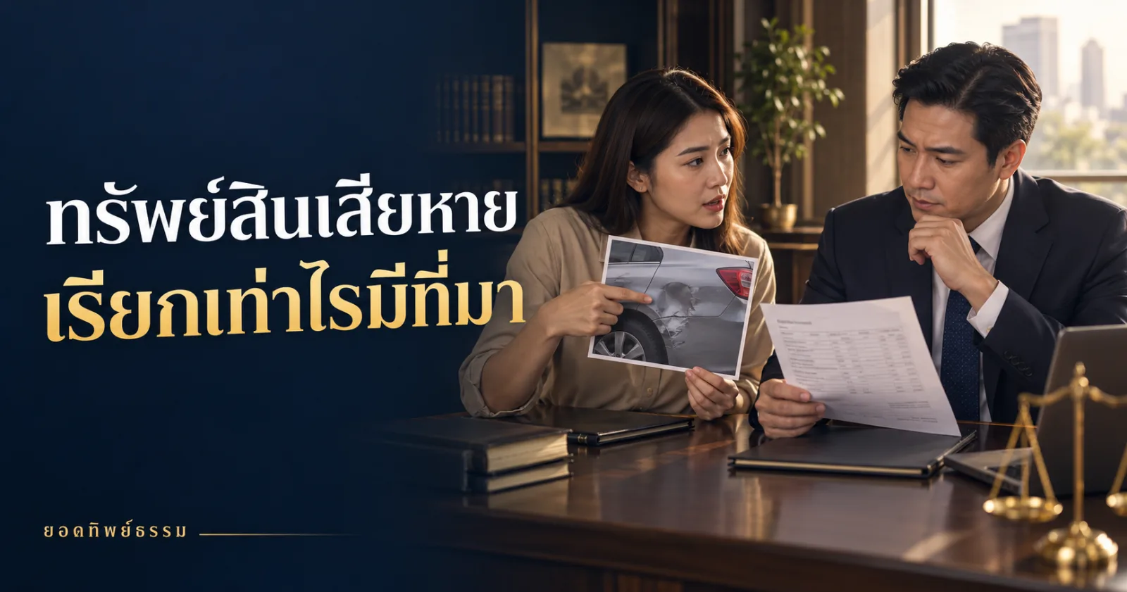 เจ้าของรถนำภาพความเสียหายและใบประเมินมาปรึกษาทนาย พร้อมข้อความ ทรัพย์สินเสียหาย เรียกเท่าไรมีที่มา