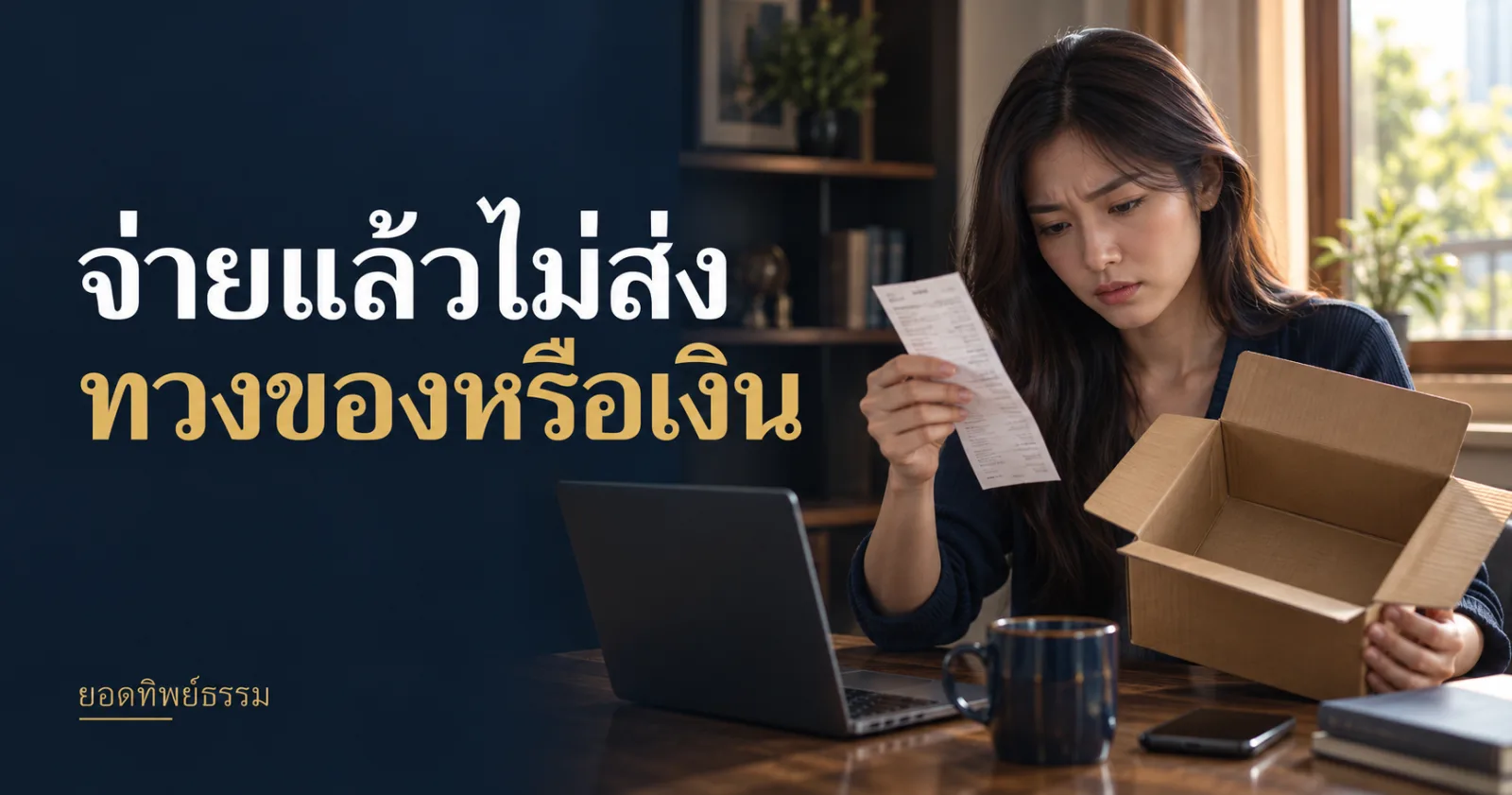ผู้ซื้อถือใบเสร็จและกล่องว่าง พร้อมข้อความ จ่ายแล้วไม่ส่ง ทวงของหรือเงิน
