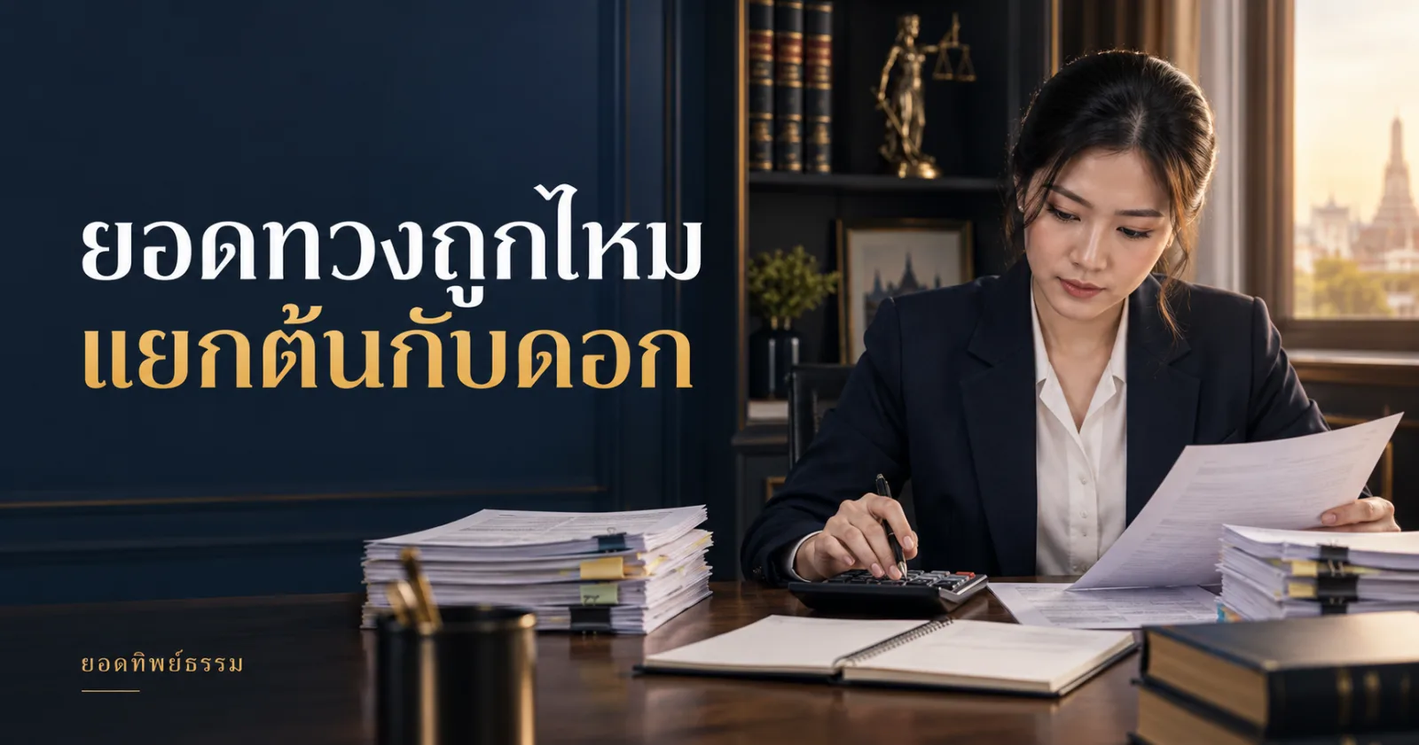 ทนายตรวจยอดกับเครื่องคิดเลข พร้อมข้อความ ยอดทวงถูกไหม แยกต้นกับดอก