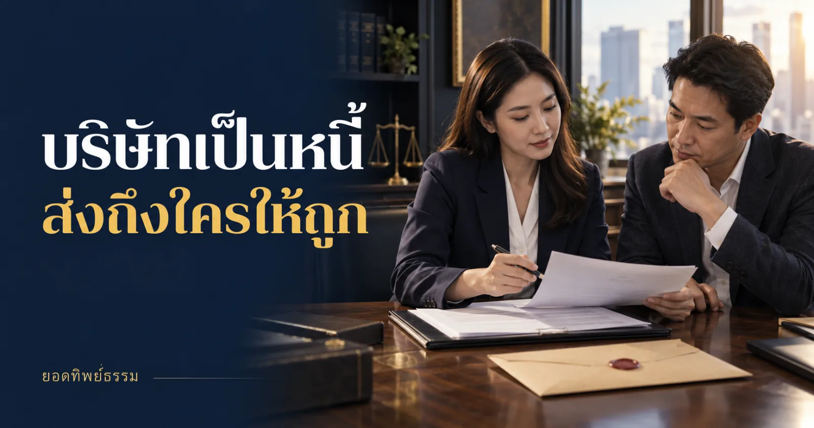ทนายตรวจหนังสือรับรองบริษัทและซองเอกสาร พร้อมข้อความ บริษัทเป็นหนี้ ส่งถึงใครให้ถูก