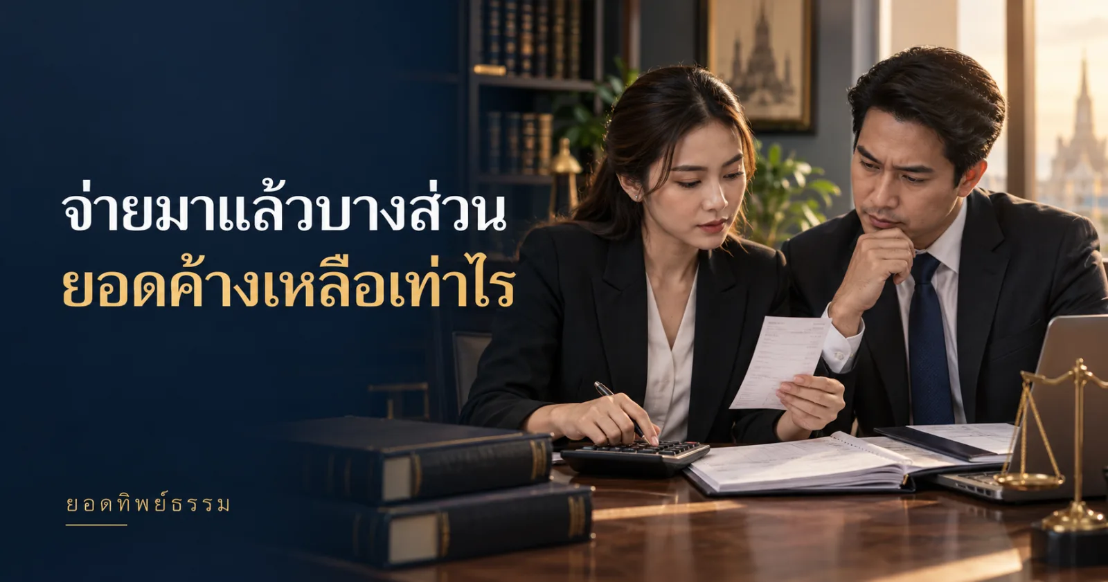 ผู้ตรวจบัญชีและทนายดูหลักฐานโอน พร้อมข้อความ จ่ายมาแล้วบางส่วน ยอดค้างเหลือเท่าไร