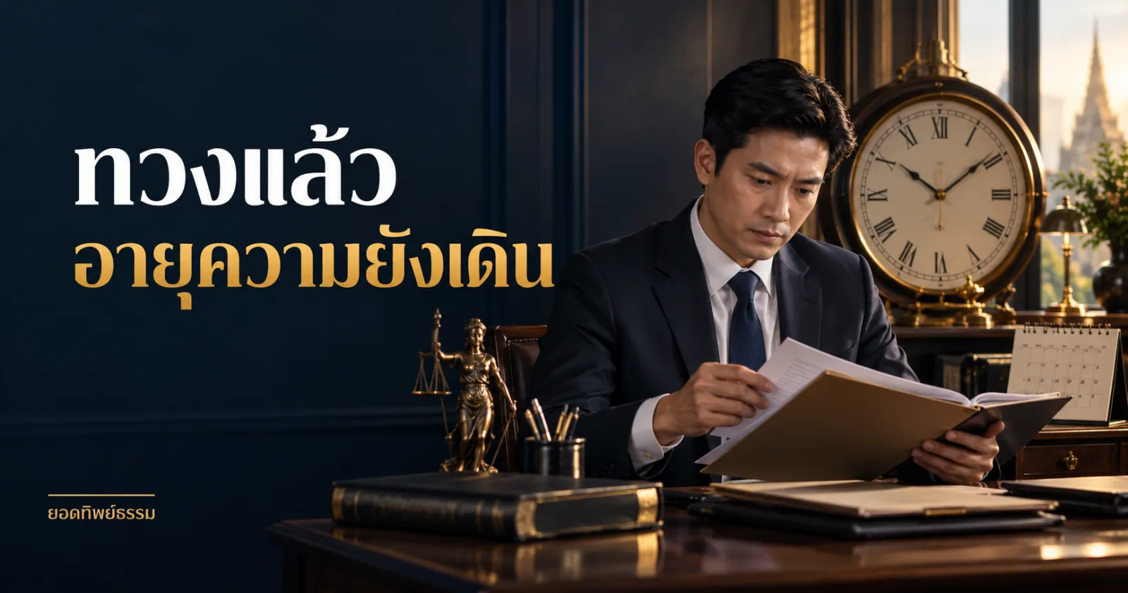นาฬิกาและหนังสือทวงถามบนโต๊ะทนาย พร้อมข้อความ ทวงแล้ว อายุความยังเดิน