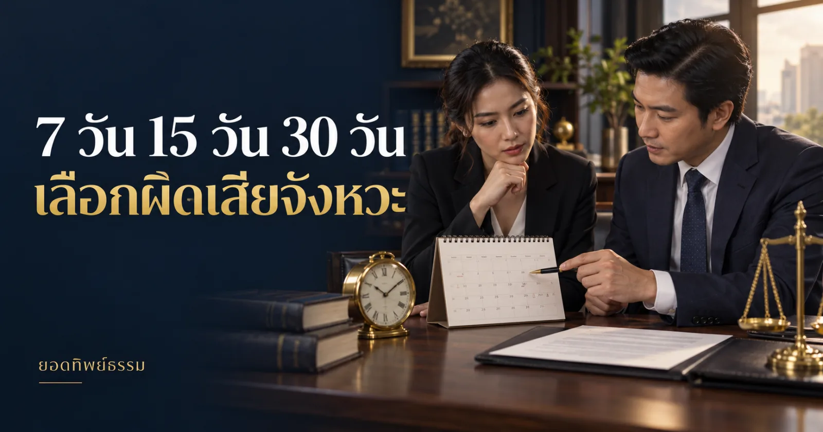 ทนายและเจ้าของกิจการตรวจปฏิทิน พร้อมข้อความ 7 วัน 15 วัน 30 วัน เลือกผิดเสียจังหวะ
