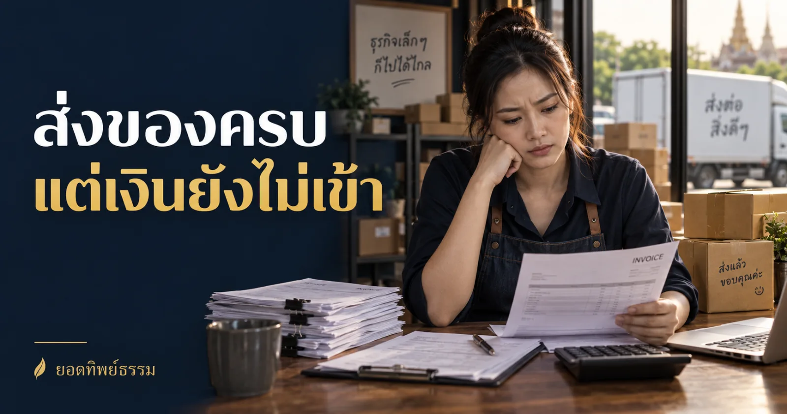 เจ้าของกิจการตรวจใบแจ้งหนี้ข้างกล่องสินค้า พร้อม Hook ส่งของครบ แต่เงินยังไม่เข้า