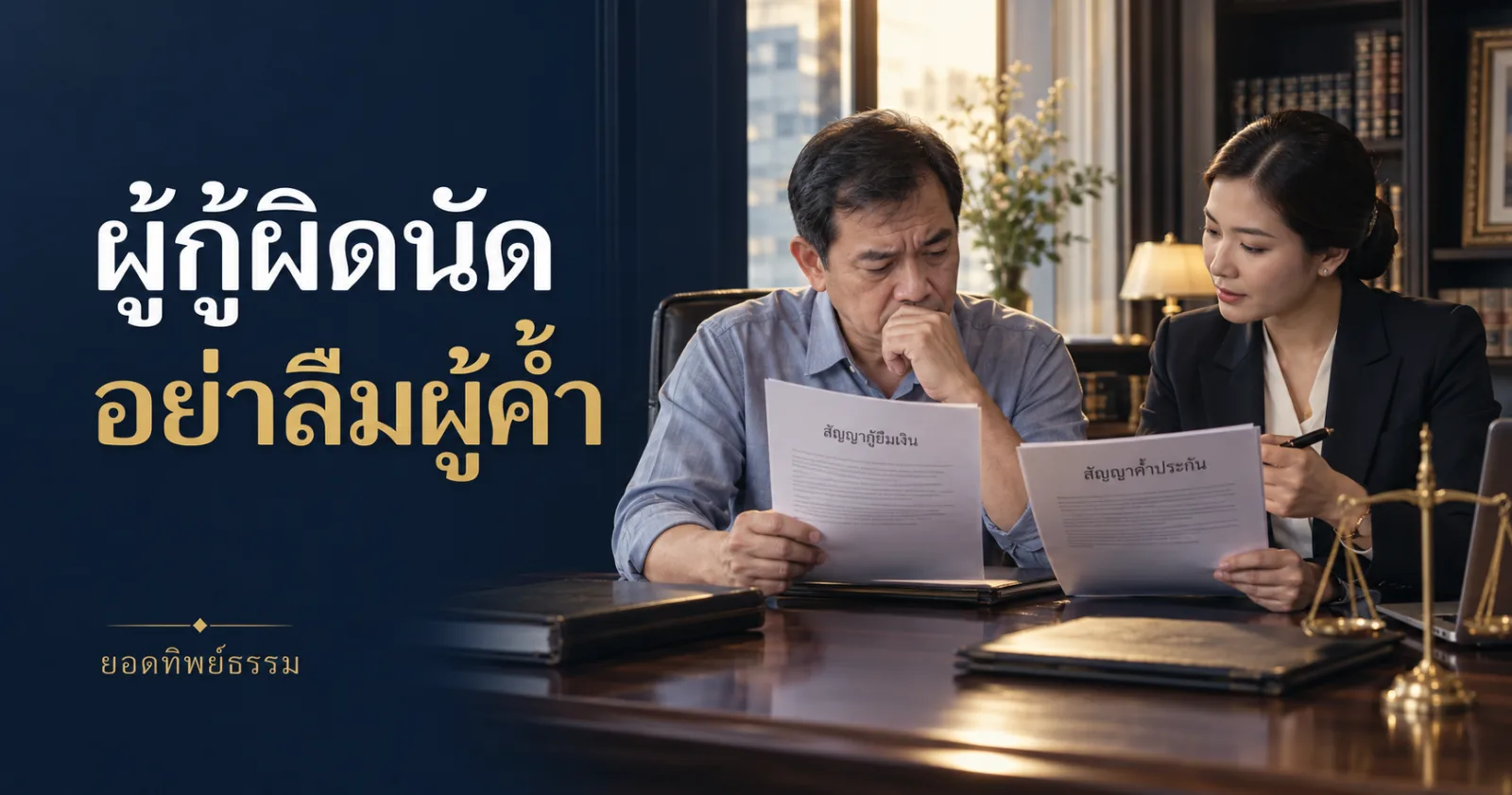 ผู้กู้และผู้ค้ำหารือกับทนาย พร้อมข้อความ ผู้กู้ผิดนัด อย่าลืมผู้ค้ำ