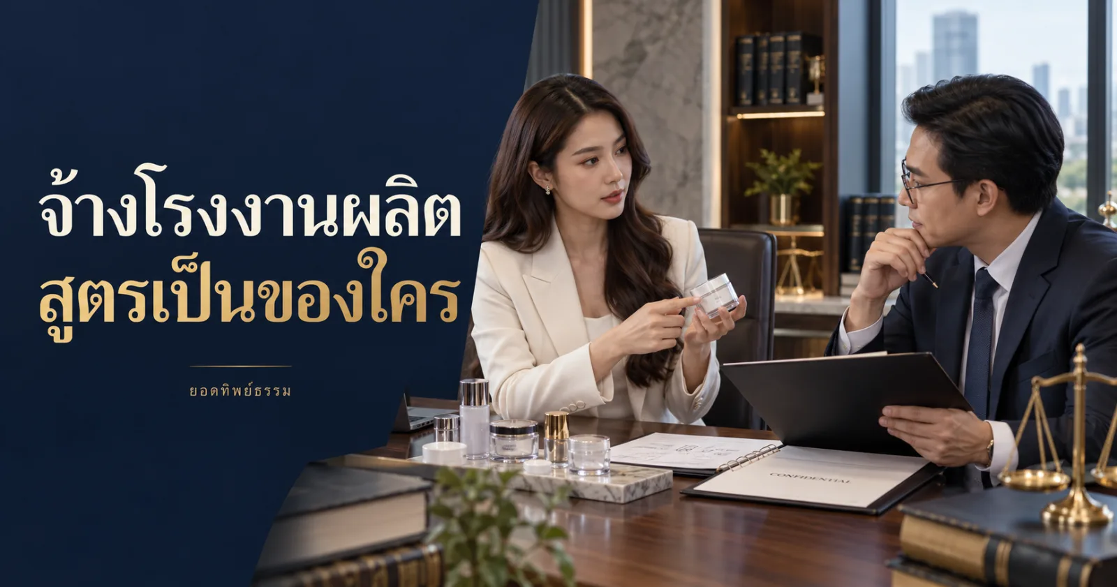 จ้างโรงงานผลิต สูตรเป็นของใคร ภาพเจ้าของแบรนด์ตรวจตัวอย่างผลิตภัณฑ์กับเอกสารสัญญา