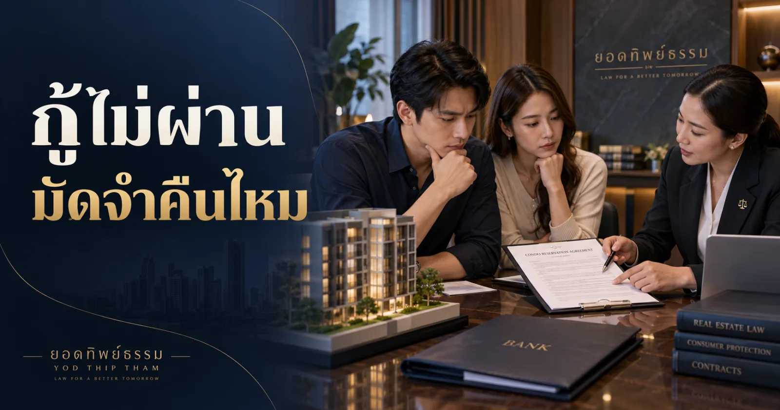 ภาพประกอบคู่ผู้ซื้อคอนโดตรวจเงื่อนไขสินเชื่อ ข้อความ กู้ไม่ผ่าน มัดจำคืนไหม
