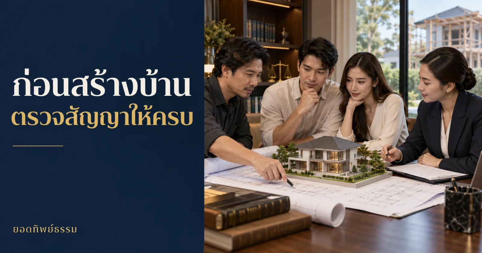 ภาพประกอบแบบบ้านและสัญญาก่อสร้าง ข้อความ ก่อนสร้างบ้าน ตรวจสัญญาให้ครบ