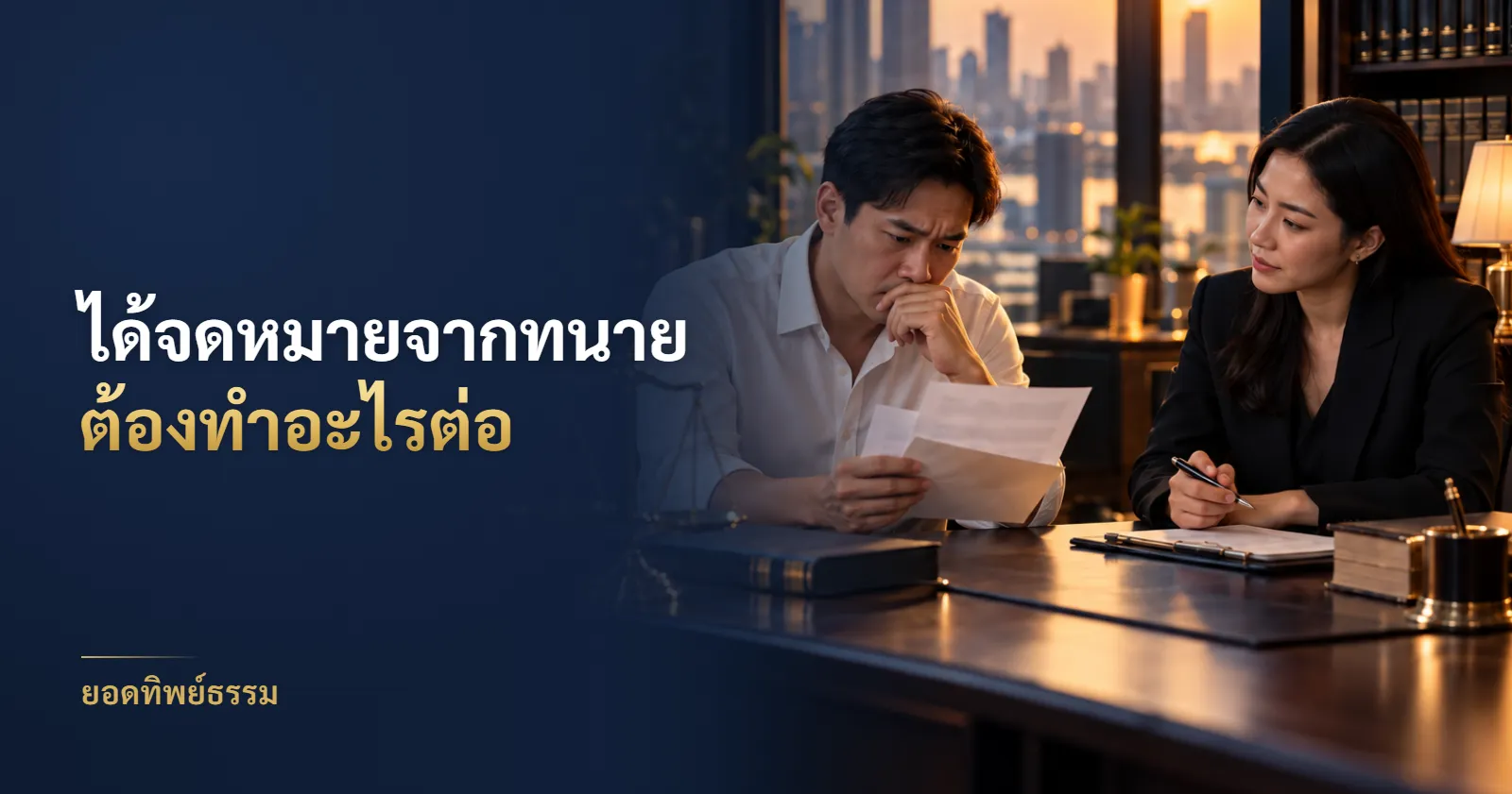 ชายอ่านจดหมายทวงหนี้จากทนายโดยมีทนายความหญิงให้คำปรึกษา พร้อมข้อความ ได้จดหมายจากทนาย ต้องทำอะไรต่อ