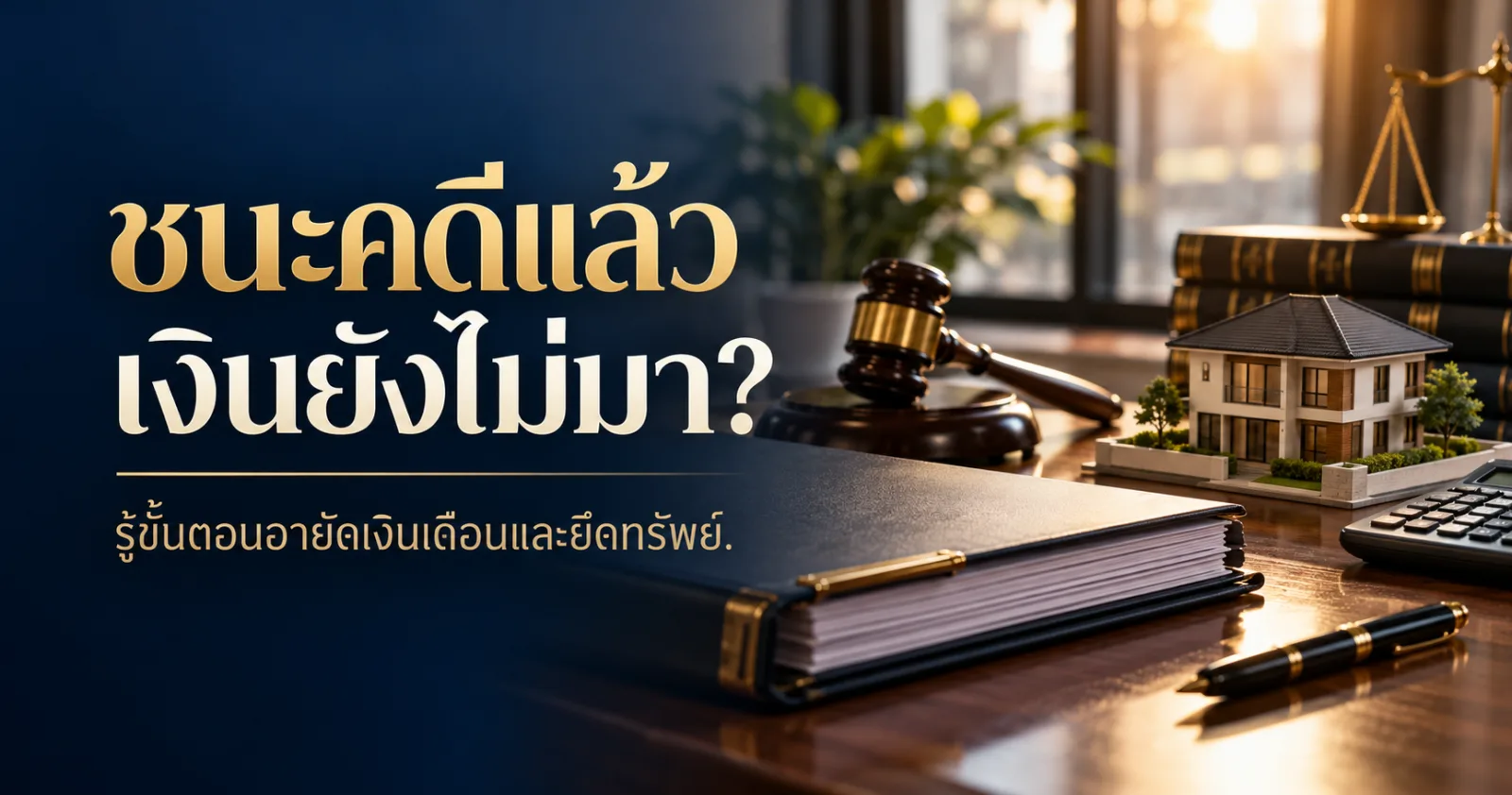 แฟ้มคดีและแบบจำลองบ้านพร้อมคำว่า ชนะคดีแล้ว เงินยังไม่มา
