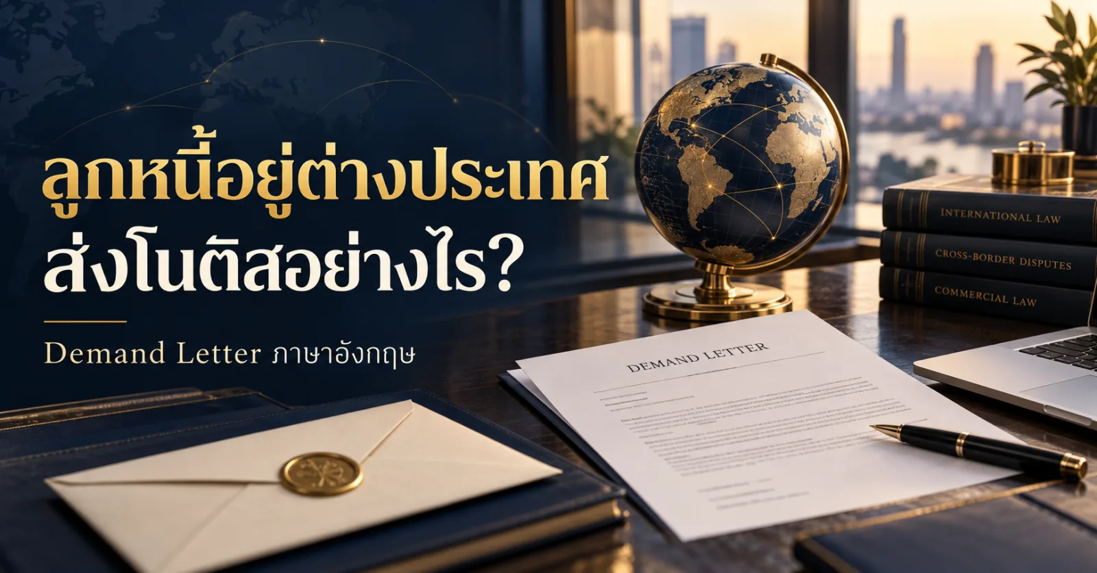 หนังสือ Demand Letter ข้างลูกโลกและซองจดหมาย พร้อมข้อความ ลูกหนี้อยู่ต่างประเทศ ส่งโนติสอย่างไร