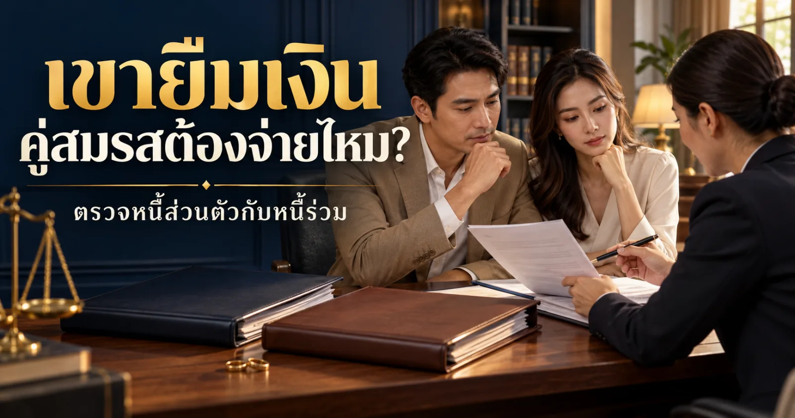 คู่สมรสตรวจเอกสารเงินกู้กับที่ปรึกษา พร้อมข้อความ เขายืมเงิน คู่สมรสต้องจ่ายไหม