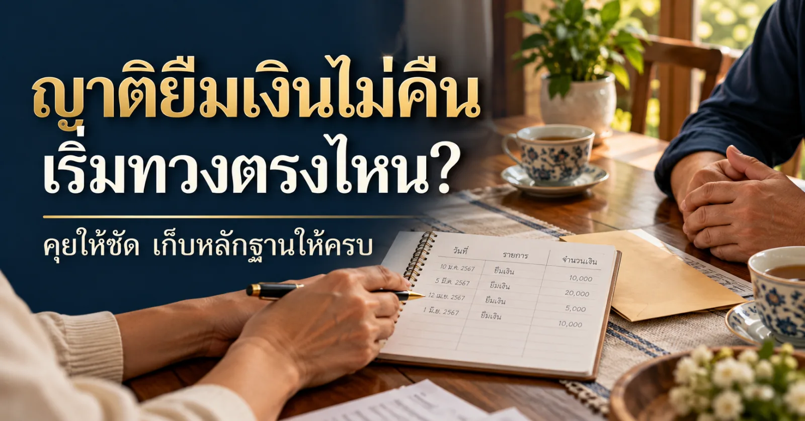 ญาติหารือยอดเงินยืมที่โต๊ะในบ้าน พร้อมข้อความ ญาติยืมเงินไม่คืน เริ่มทวงตรงไหน