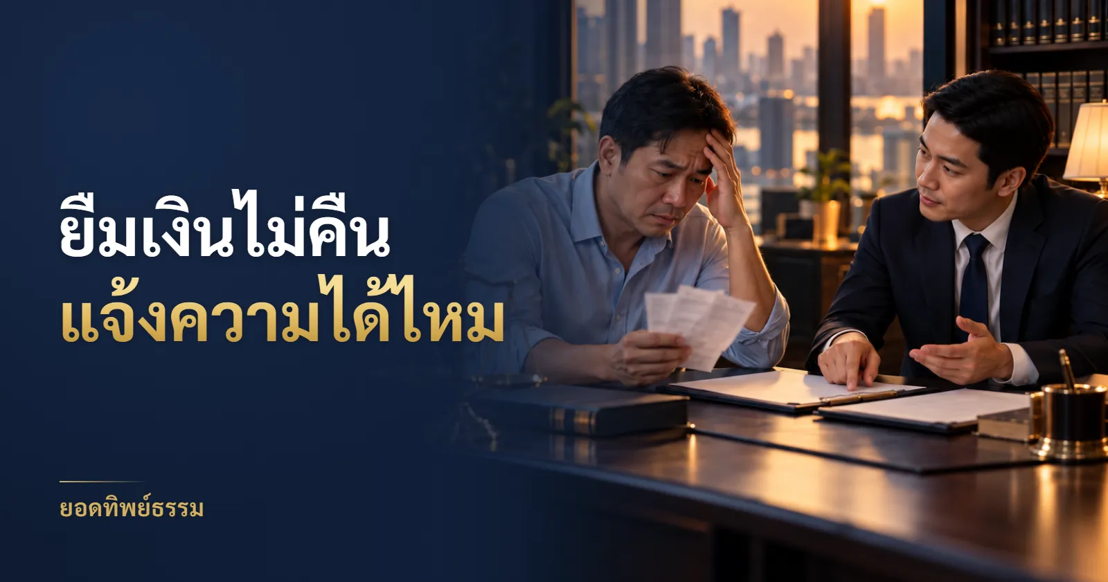 ชายกังวลถือสลิปโอนเงินปรึกษาทนายความในสำนักงาน พร้อมข้อความ ยืมเงินไม่คืน แจ้งความได้ไหม